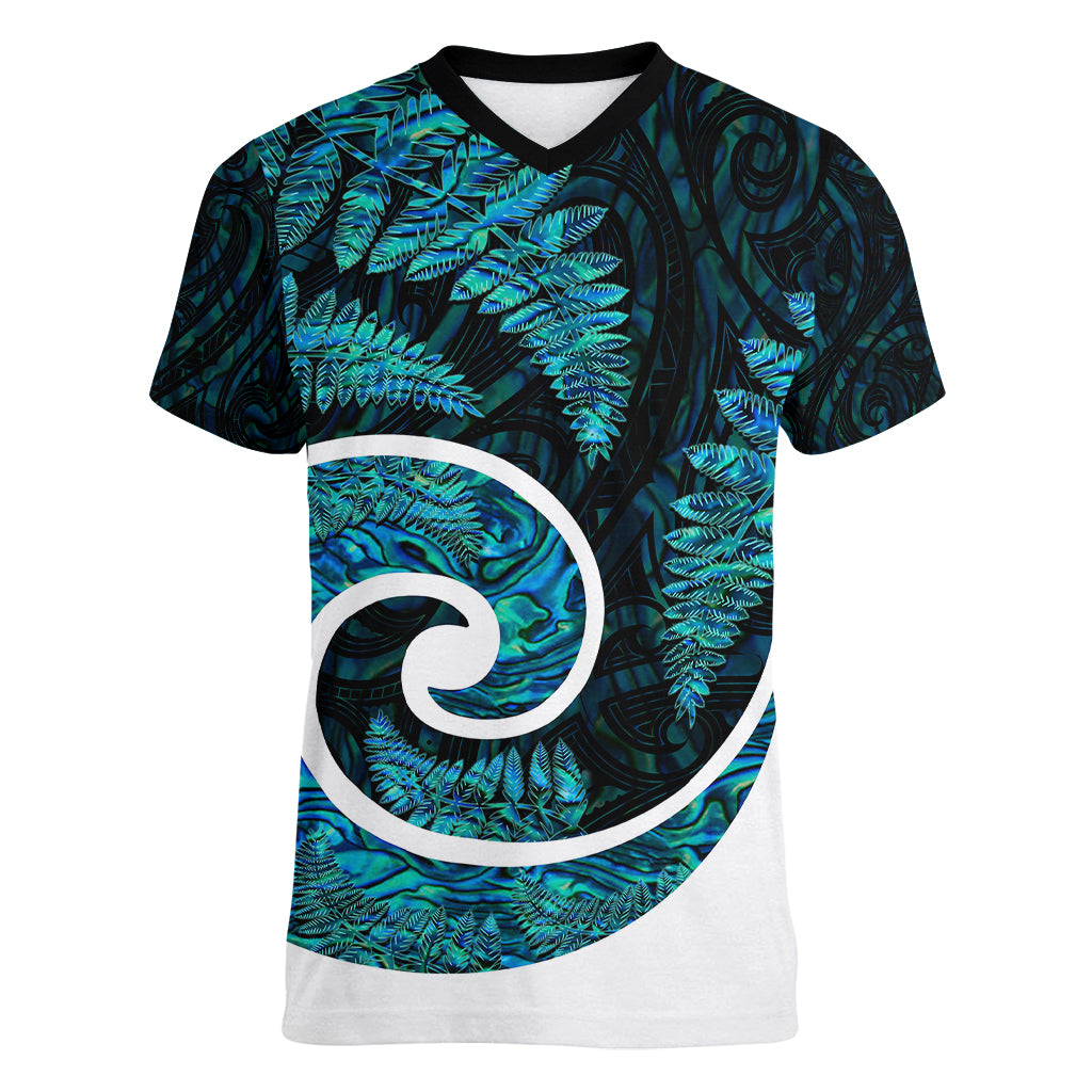 New Zealand Women V Neck T Shirt Maori With Silver Fern Papua Shell Green Ver.1 - Vibe Hoodie Shop