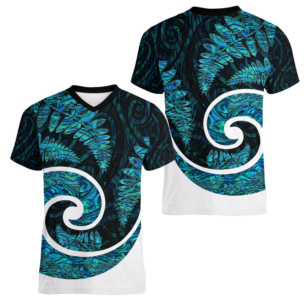 New Zealand Women V Neck T Shirt Maori With Silver Fern Papua Shell Green Ver.1 - Vibe Hoodie Shop