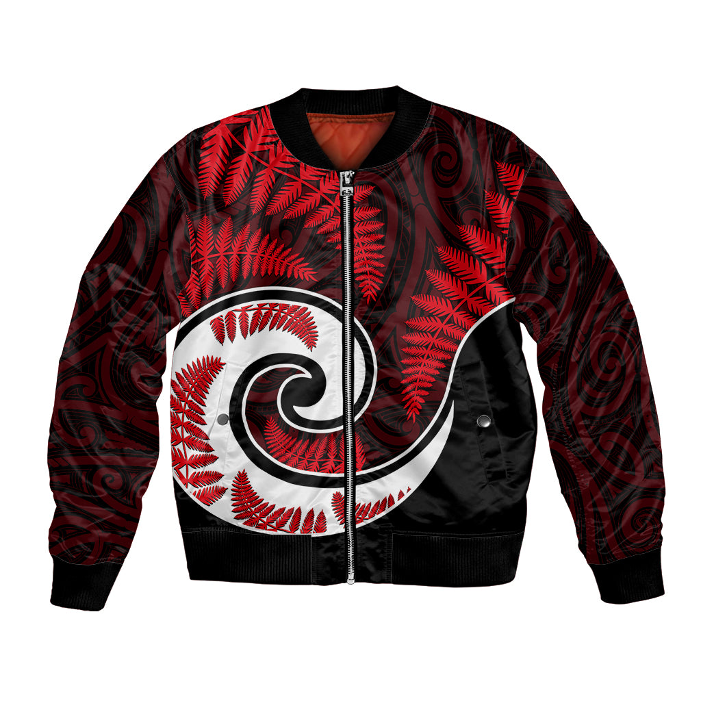 New Zealand Bomber Jacket Maori With Silver Fern Red - Vibe Hoodie Shop