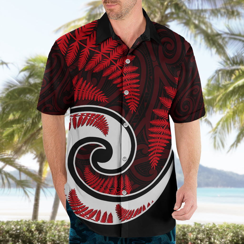 New Zealand Hawaiian Shirt Maori With Silver Fern Red - Vibe Hoodie Shop