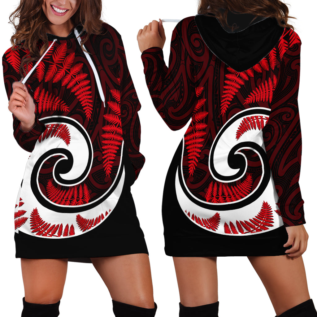 New Zealand Hoodie Dress Maori With Silver Fern Red - Vibe Hoodie Shop