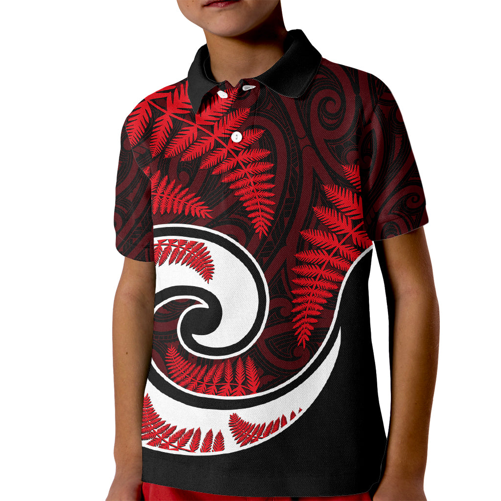 New Zealand Kid Polo Shirt Maori With Silver Fern Red - Vibe Hoodie Shop