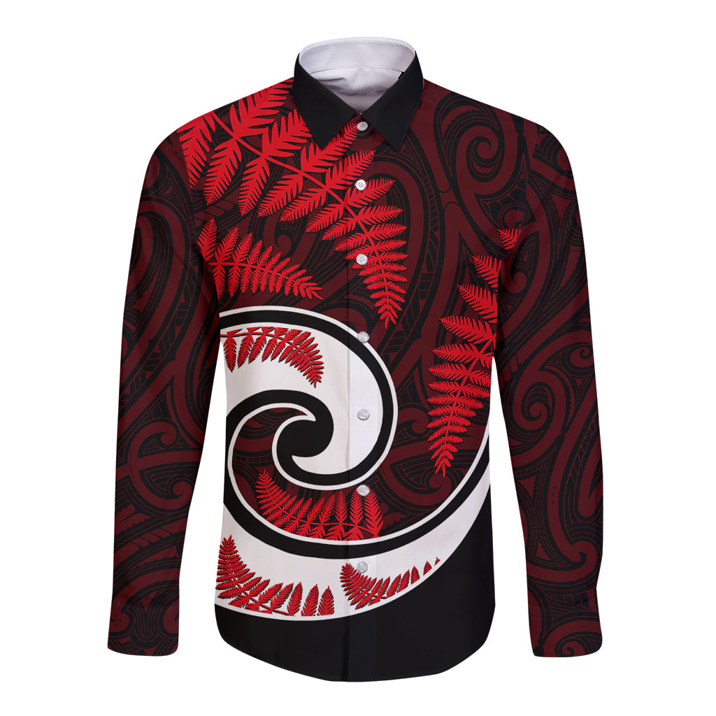 New Zealand Long Sleeve Button Shirt Maori With Silver Fern Red - Vibe Hoodie Shop