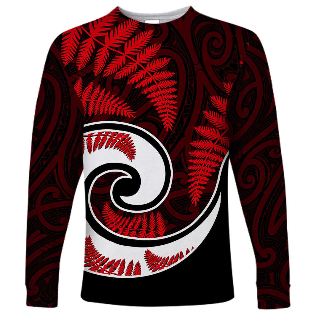 New Zealand Long Sleeve Shirt Maori With Silver Fern Red - Vibe Hoodie Shop