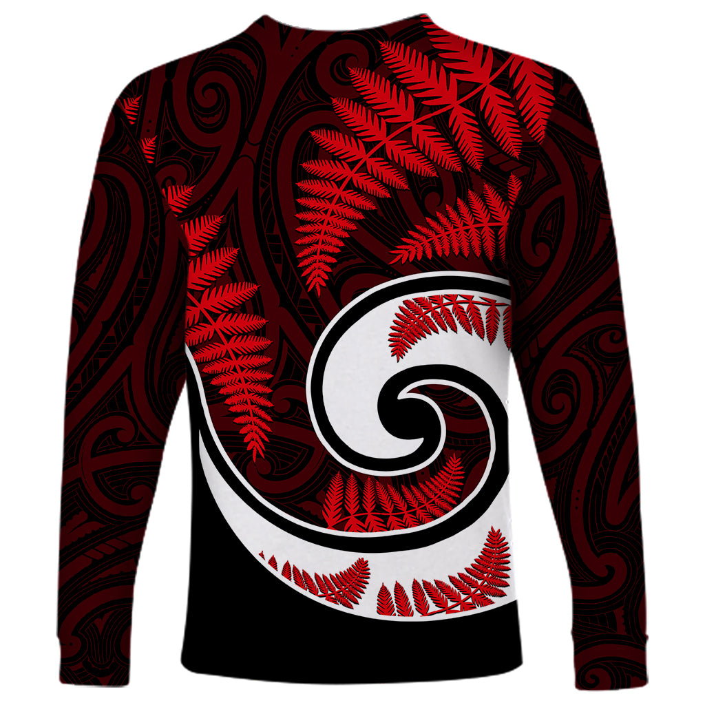 New Zealand Long Sleeve Shirt Maori With Silver Fern Red - Vibe Hoodie Shop