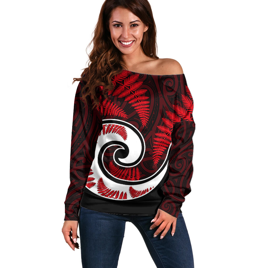 New Zealand Off Shoulder Sweater Maori With Silver Fern Red - Vibe Hoodie Shop