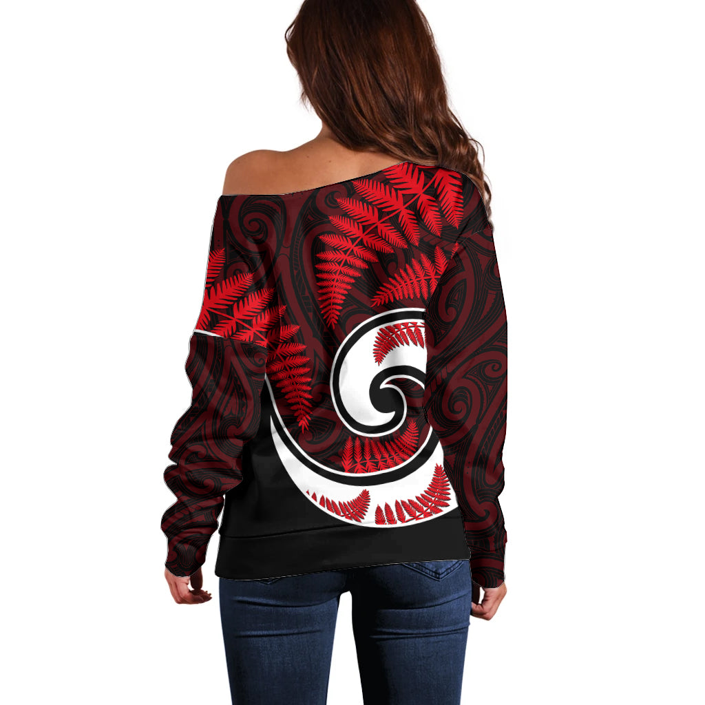 New Zealand Off Shoulder Sweater Maori With Silver Fern Red - Vibe Hoodie Shop