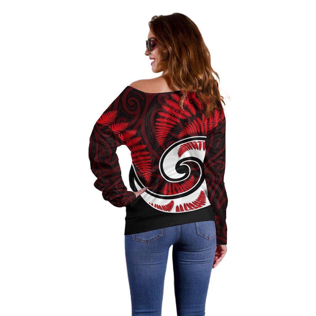 New Zealand Off Shoulder Sweater Maori With Silver Fern Red - Vibe Hoodie Shop