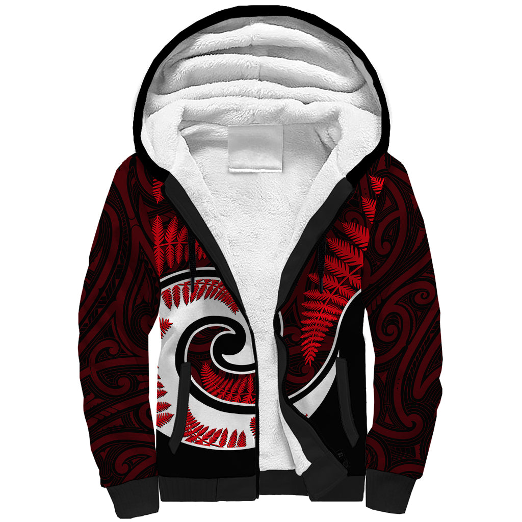 New Zealand Sherpa Hoodie Maori With Silver Fern Red - Vibe Hoodie Shop