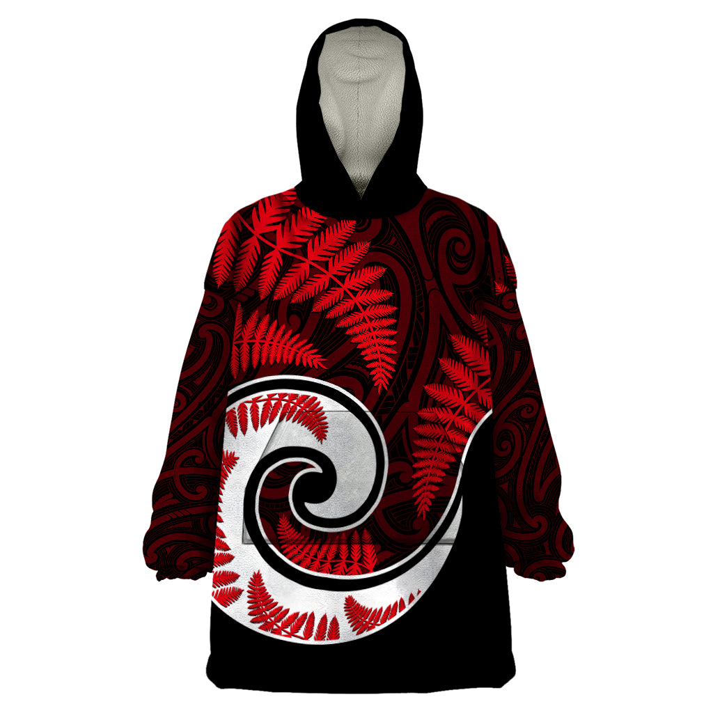 New Zealand Wearable Blanket Hoodie Maori With Silver Fern Red - Vibe Hoodie Shop