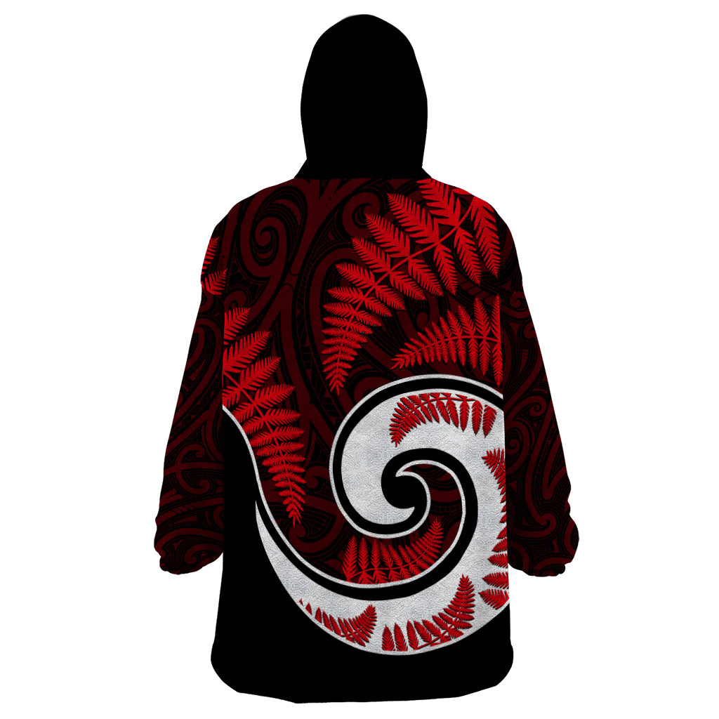 New Zealand Wearable Blanket Hoodie Maori With Silver Fern Red - Vibe Hoodie Shop