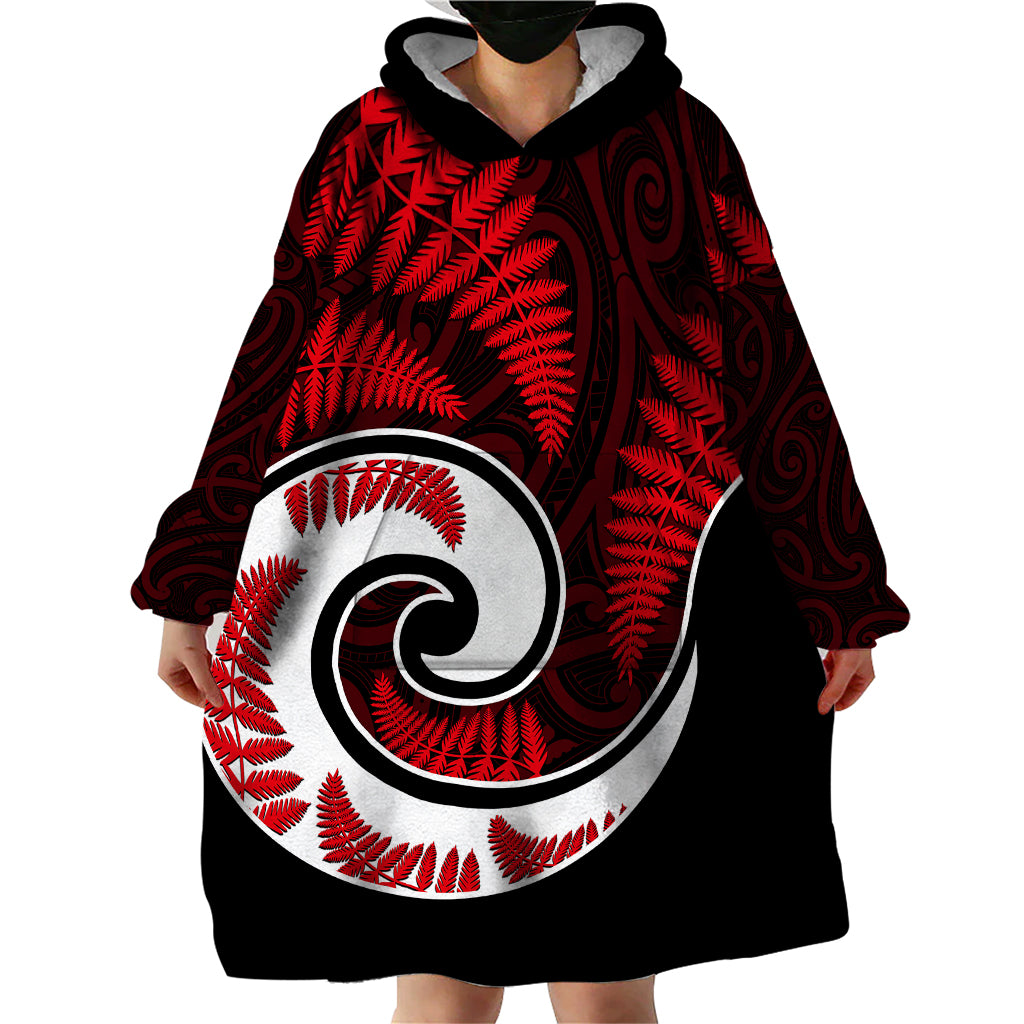 New Zealand Wearable Blanket Hoodie Maori With Silver Fern Red - Vibe Hoodie Shop