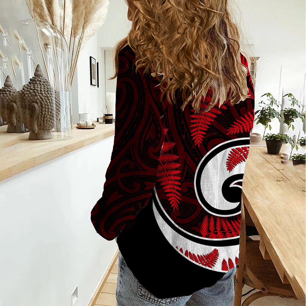 New Zealand Women Casual Shirt Maori With Silver Fern Red - Vibe Hoodie Shop