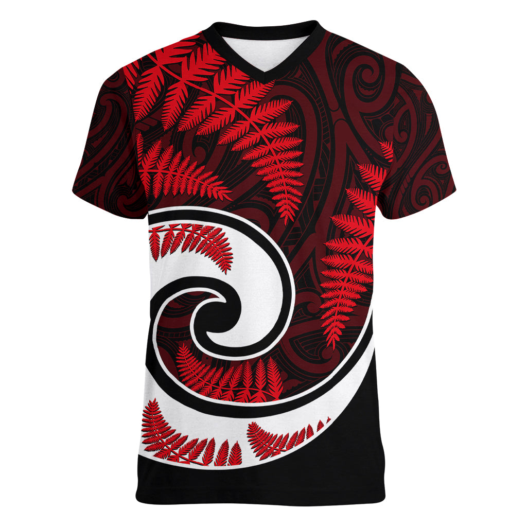 New Zealand Women V Neck T Shirt Maori With Silver Fern Red - Vibe Hoodie Shop