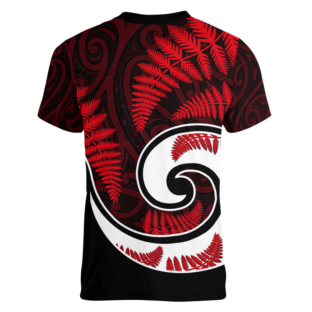 New Zealand Women V Neck T Shirt Maori With Silver Fern Red - Vibe Hoodie Shop