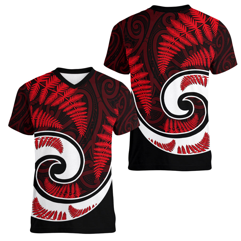 New Zealand Women V Neck T Shirt Maori With Silver Fern Red - Vibe Hoodie Shop