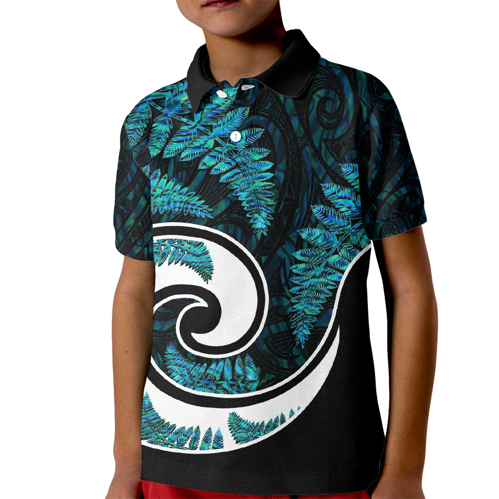 New Zealand Kid Polo Shirt Maori With Silver Fern Papua Shell Green Ver.2 - Vibe Hoodie Shop