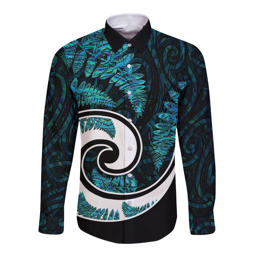 New Zealand Long Sleeve Button Shirt Maori With Silver Fern Papua Shell Green Ver.2 - Vibe Hoodie Shop