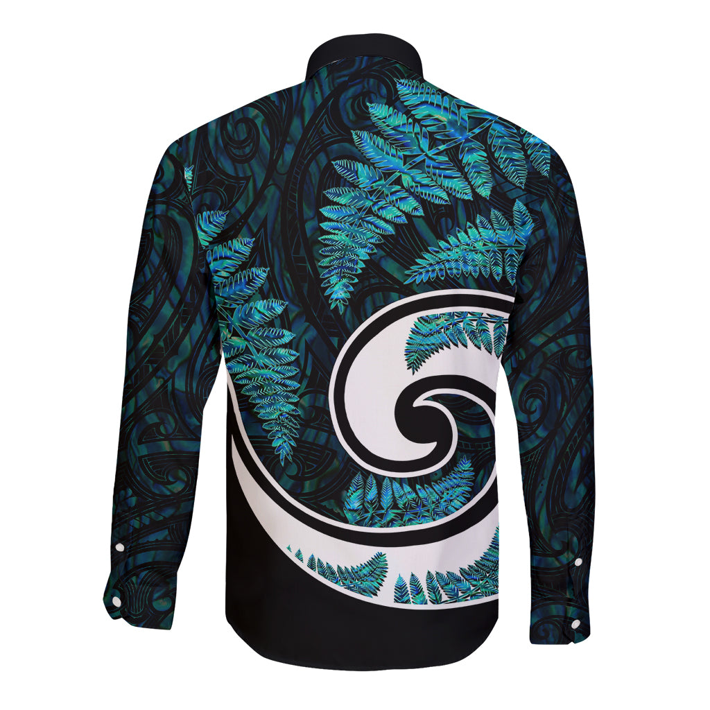 New Zealand Long Sleeve Button Shirt Maori With Silver Fern Papua Shell Green Ver.2 - Vibe Hoodie Shop