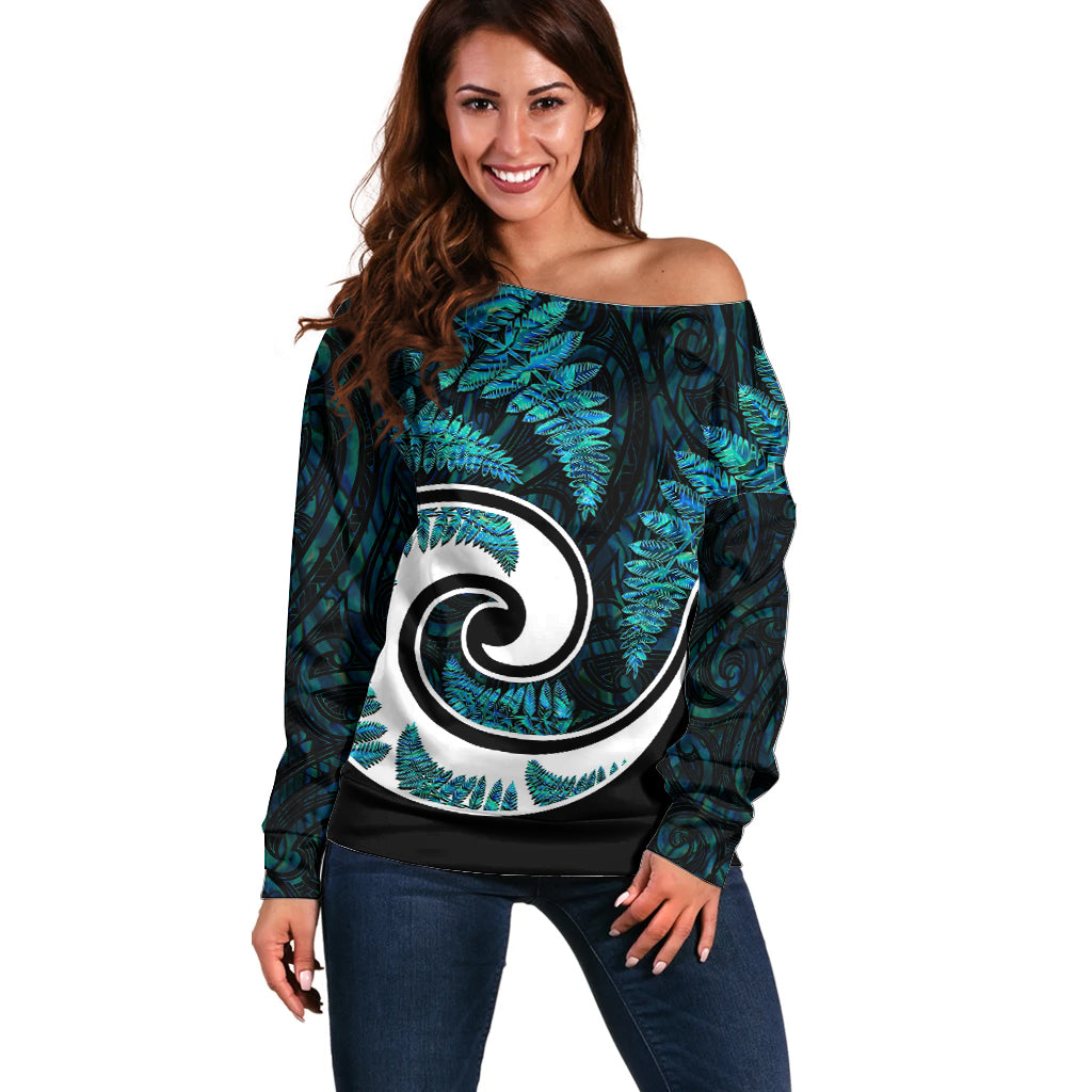 New Zealand Off Shoulder Sweater Maori With Silver Fern Papua Shell Green Ver.2 - Vibe Hoodie Shop