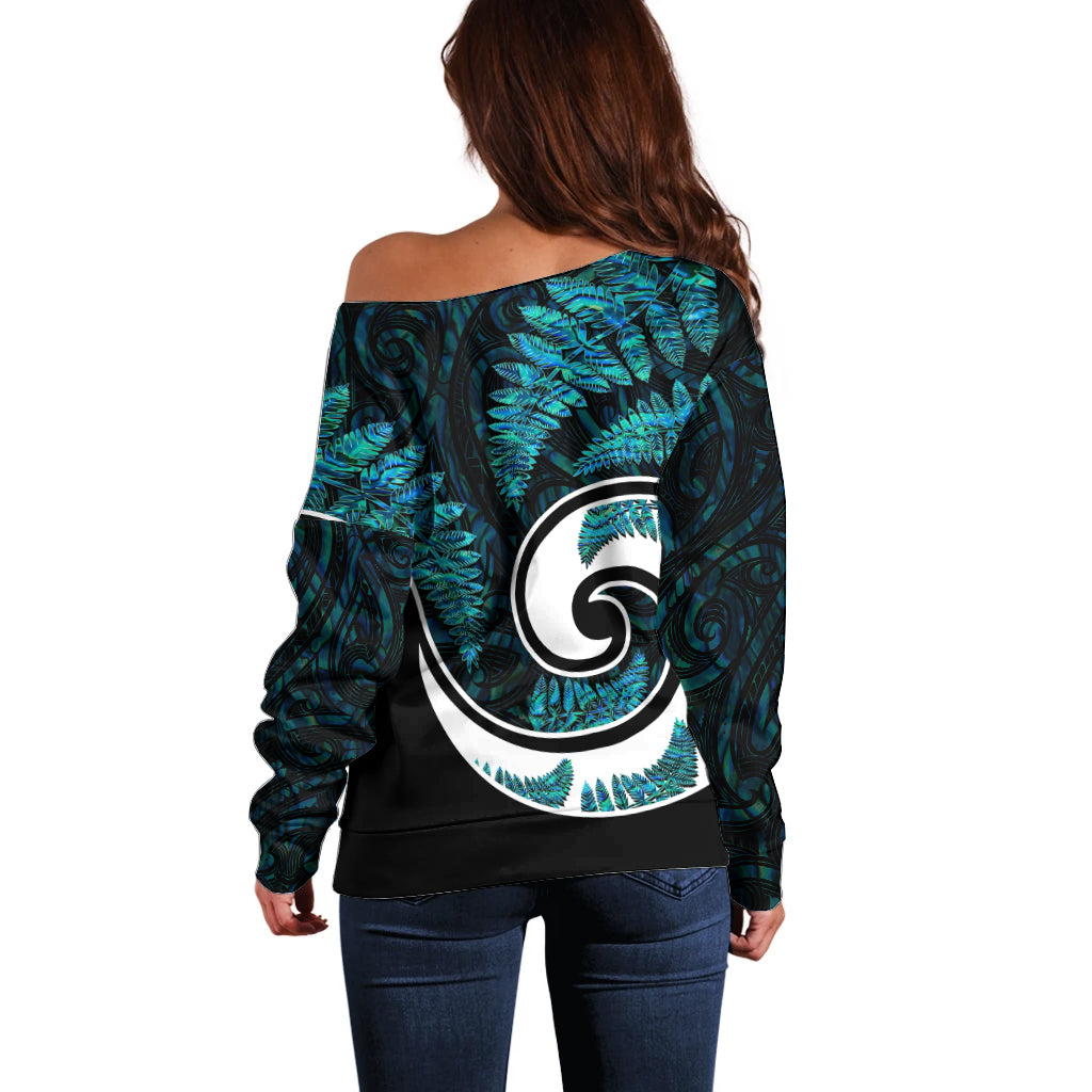 New Zealand Off Shoulder Sweater Maori With Silver Fern Papua Shell Green Ver.2 - Vibe Hoodie Shop