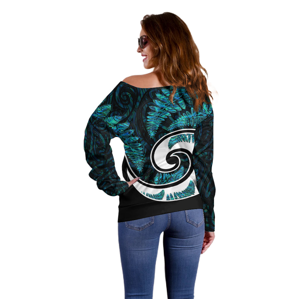 New Zealand Off Shoulder Sweater Maori With Silver Fern Papua Shell Green Ver.2 - Vibe Hoodie Shop