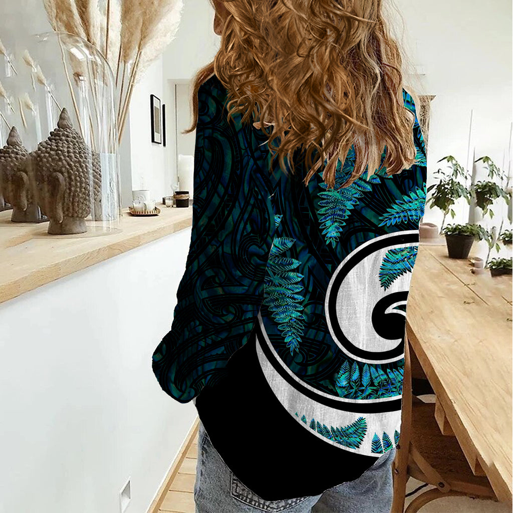 New Zealand Women Casual Shirt Maori With Silver Fern Papua Shell Green Ver.2 - Vibe Hoodie Shop