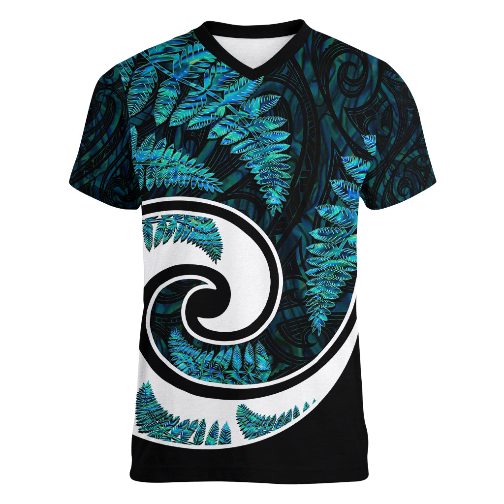 New Zealand Women V Neck T Shirt Maori With Silver Fern Papua Shell Green Ver.2 - Vibe Hoodie Shop