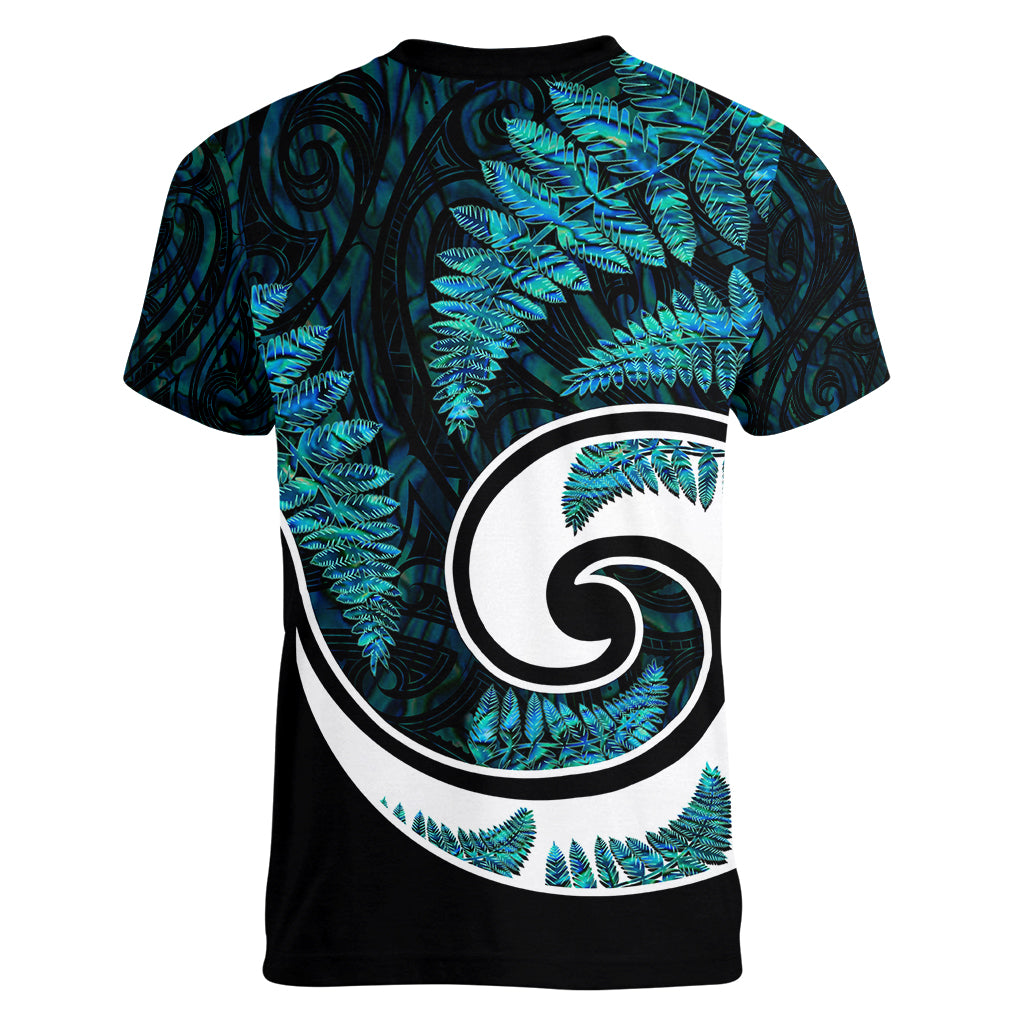 New Zealand Women V Neck T Shirt Maori With Silver Fern Papua Shell Green Ver.2 - Vibe Hoodie Shop