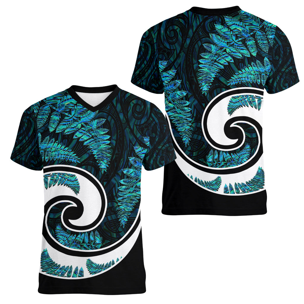 New Zealand Women V Neck T Shirt Maori With Silver Fern Papua Shell Green Ver.2 - Vibe Hoodie Shop