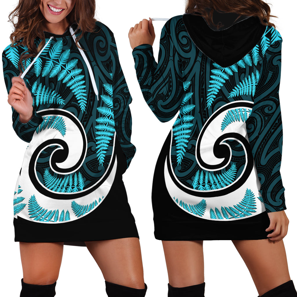 New Zealand Hoodie Dress Maori With Silver Fern Light Blue - Vibe Hoodie Shop