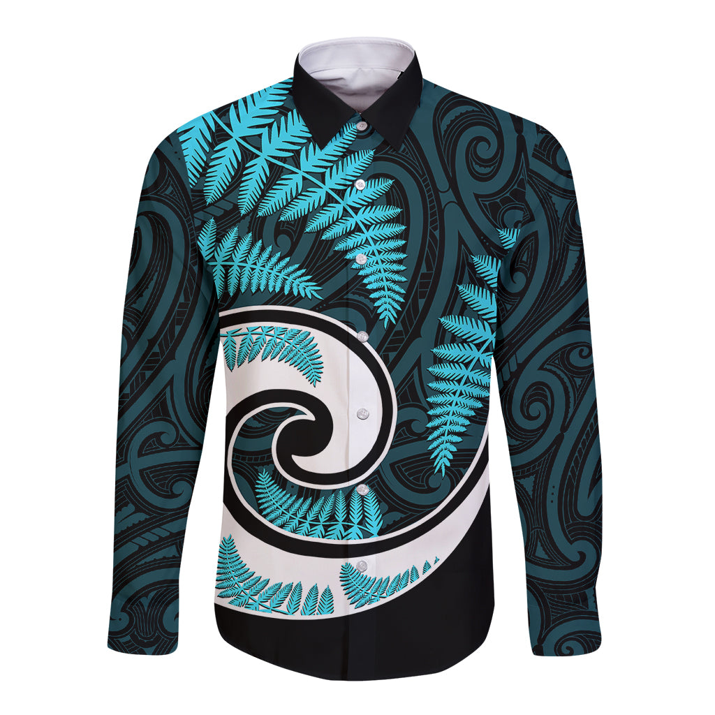 New Zealand Long Sleeve Button Shirt Maori With Silver Fern Light Blue - Vibe Hoodie Shop