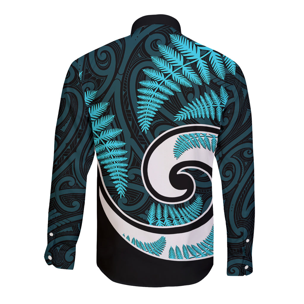 New Zealand Long Sleeve Button Shirt Maori With Silver Fern Light Blue - Vibe Hoodie Shop