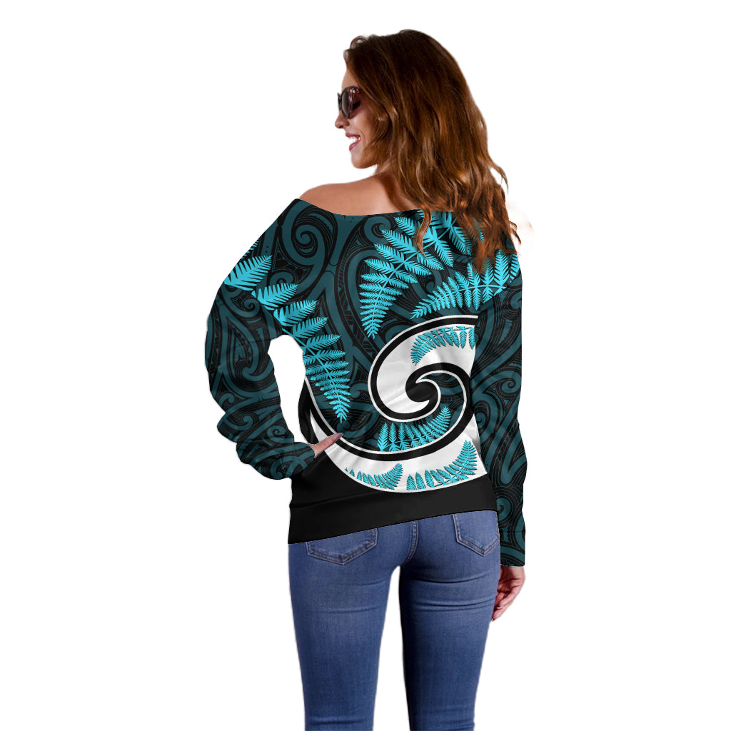 New Zealand Off Shoulder Sweater Maori With Silver Fern Light Blue - Vibe Hoodie Shop