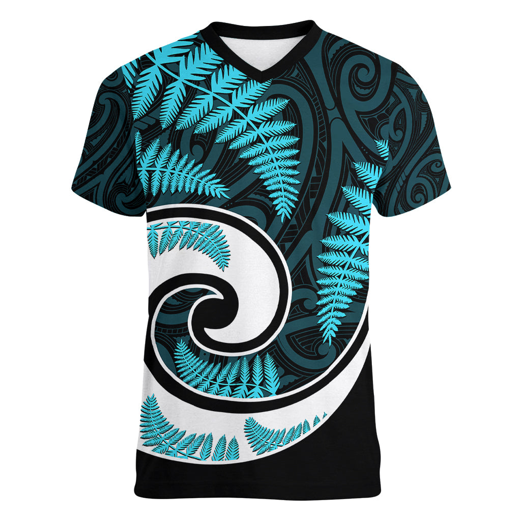 New Zealand Women V Neck T Shirt Maori With Silver Fern Light Blue - Vibe Hoodie Shop