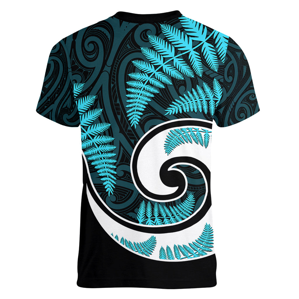 New Zealand Women V Neck T Shirt Maori With Silver Fern Light Blue - Vibe Hoodie Shop