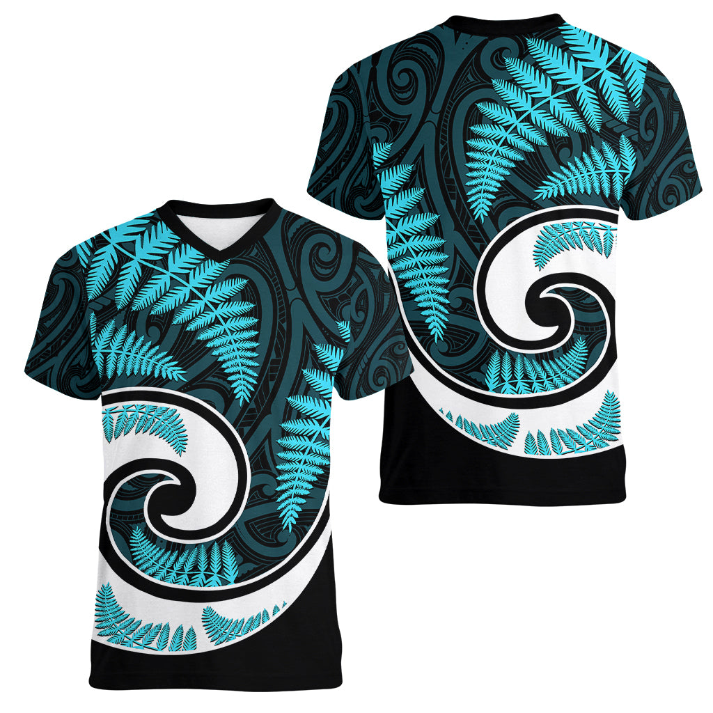 New Zealand Women V Neck T Shirt Maori With Silver Fern Light Blue - Vibe Hoodie Shop