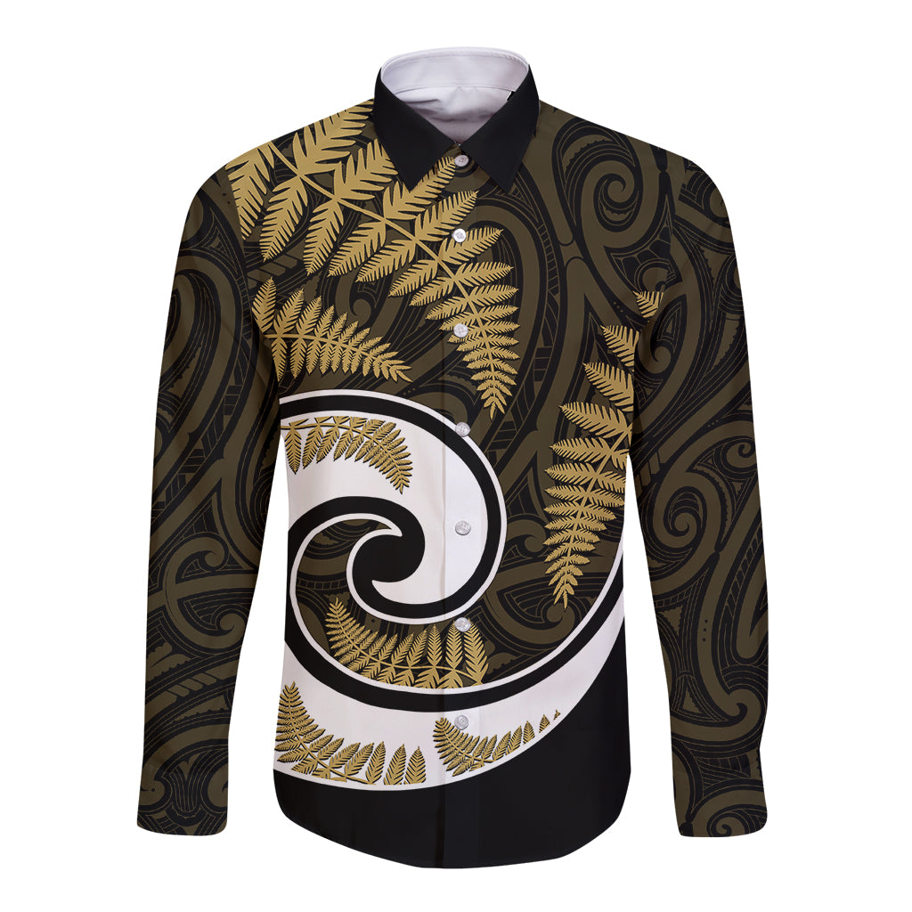 New Zealand Long Sleeve Button Shirt Maori With Silver Fern Gold - Vibe Hoodie Shop