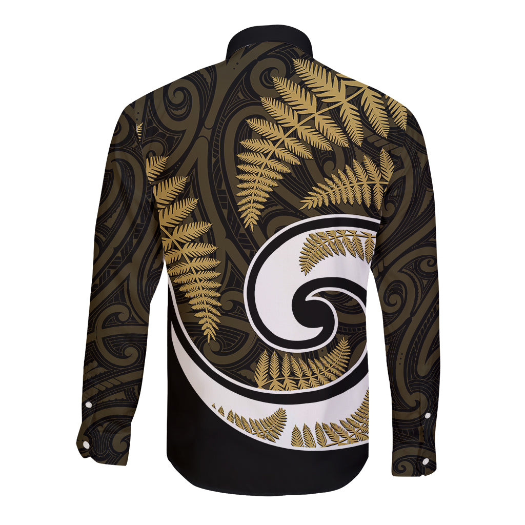 New Zealand Long Sleeve Button Shirt Maori With Silver Fern Gold - Vibe Hoodie Shop