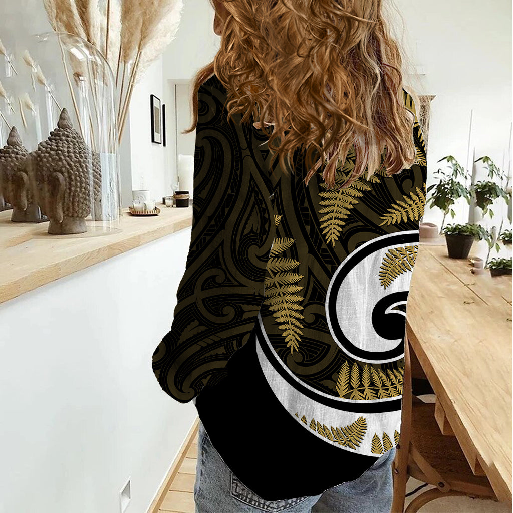 New Zealand Women Casual Shirt Maori With Silver Fern Gold - Vibe Hoodie Shop