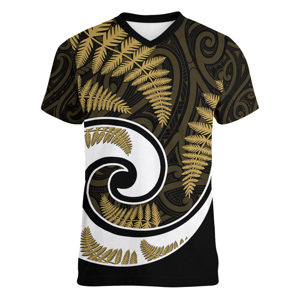 New Zealand Women V Neck T Shirt Maori With Silver Fern Gold - Vibe Hoodie Shop