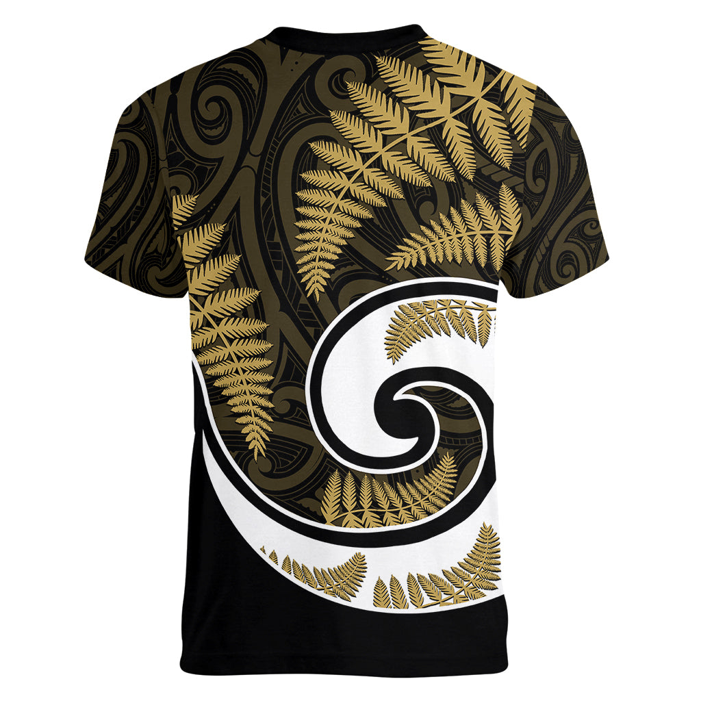 New Zealand Women V Neck T Shirt Maori With Silver Fern Gold - Vibe Hoodie Shop