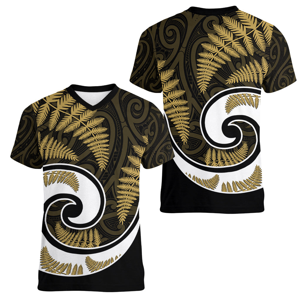 New Zealand Women V Neck T Shirt Maori With Silver Fern Gold - Vibe Hoodie Shop