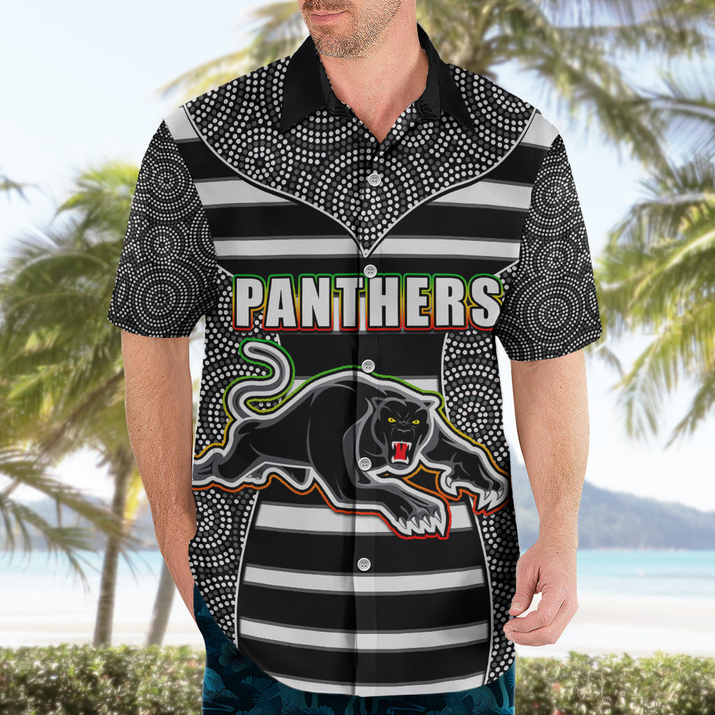 NRL - Panthers Hawaiian Shirt Mix Dot Aboriginal Black Version - Vibe Hoodie Shop