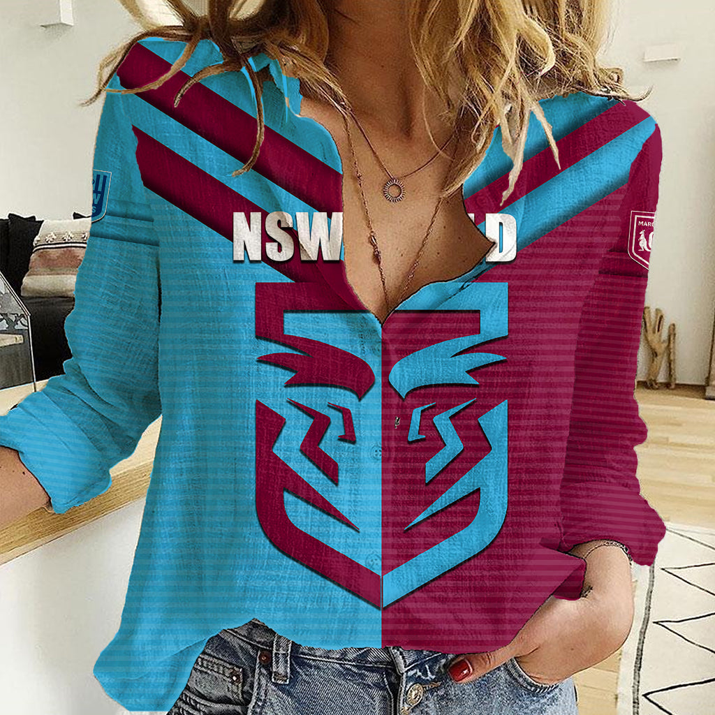 Custom NSW Blues Vs QLD Maroon Rugby Women Casual Shirt - Vibe Hoodie Shop