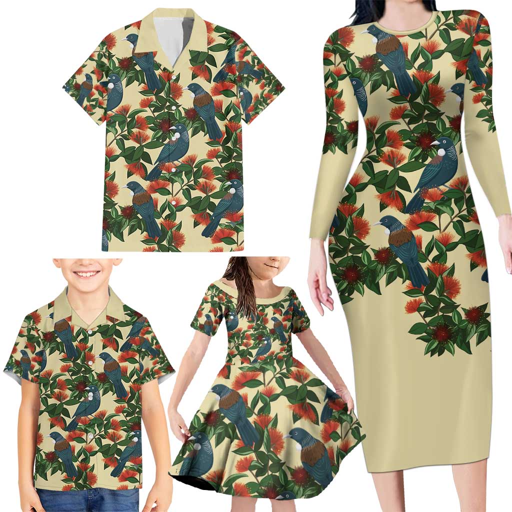 New Zealand Christmas Family Matching Long Sleeve Bodycon Dress and Hawaiian Shirt Romantic Tui Birds on Pohutukawa - Ivory - Vibe Hoodie