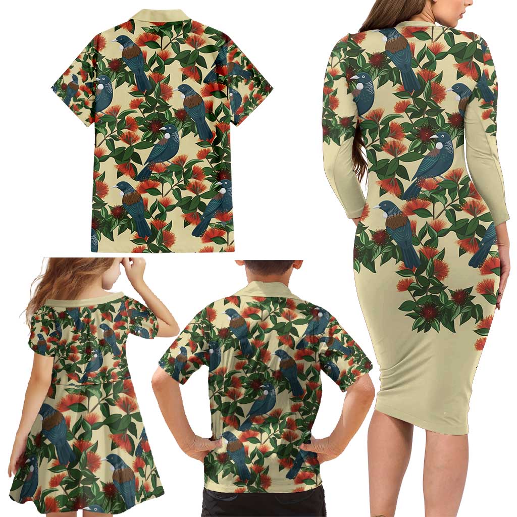 New Zealand Christmas Family Matching Long Sleeve Bodycon Dress and Hawaiian Shirt Romantic Tui Birds on Pohutukawa - Ivory - Vibe Hoodie