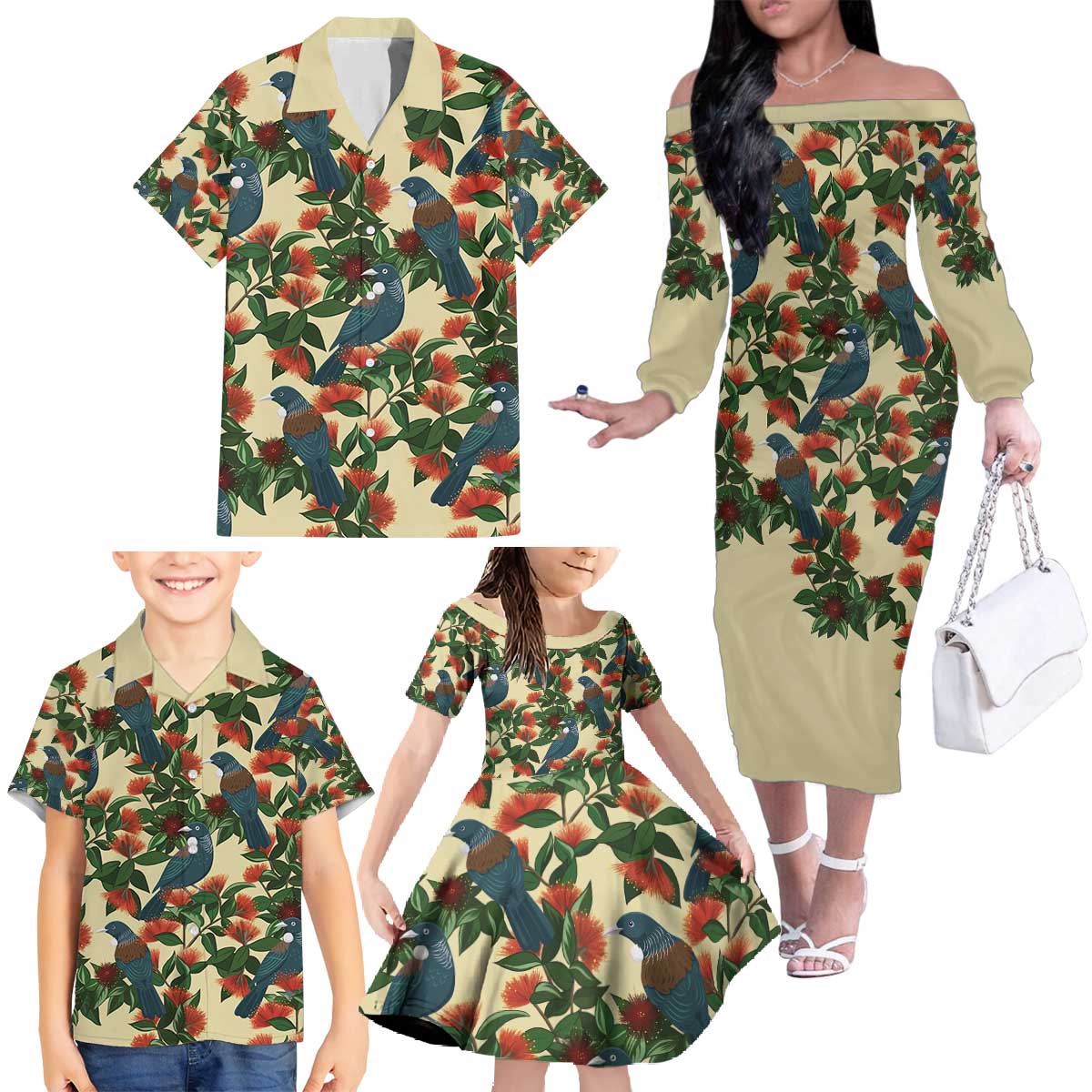 New Zealand Christmas Family Matching Off The Shoulder Long Sleeve Dress and Hawaiian Shirt Romantic Tui Birds on Pohutukawa - Ivory - Vibe Hoodie
