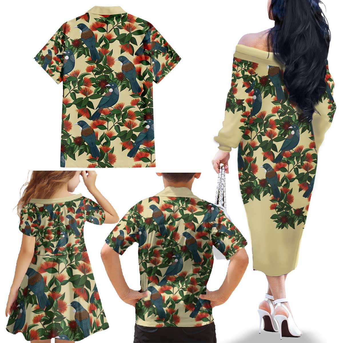 New Zealand Christmas Family Matching Off The Shoulder Long Sleeve Dress and Hawaiian Shirt Romantic Tui Birds on Pohutukawa - Ivory - Vibe Hoodie