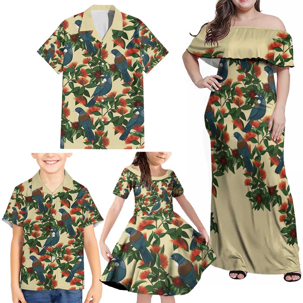 New Zealand Christmas Family Matching Off Shoulder Maxi Dress and Hawaiian Shirt Romantic Tui Birds on Pohutukawa - Ivory - Vibe Hoodie